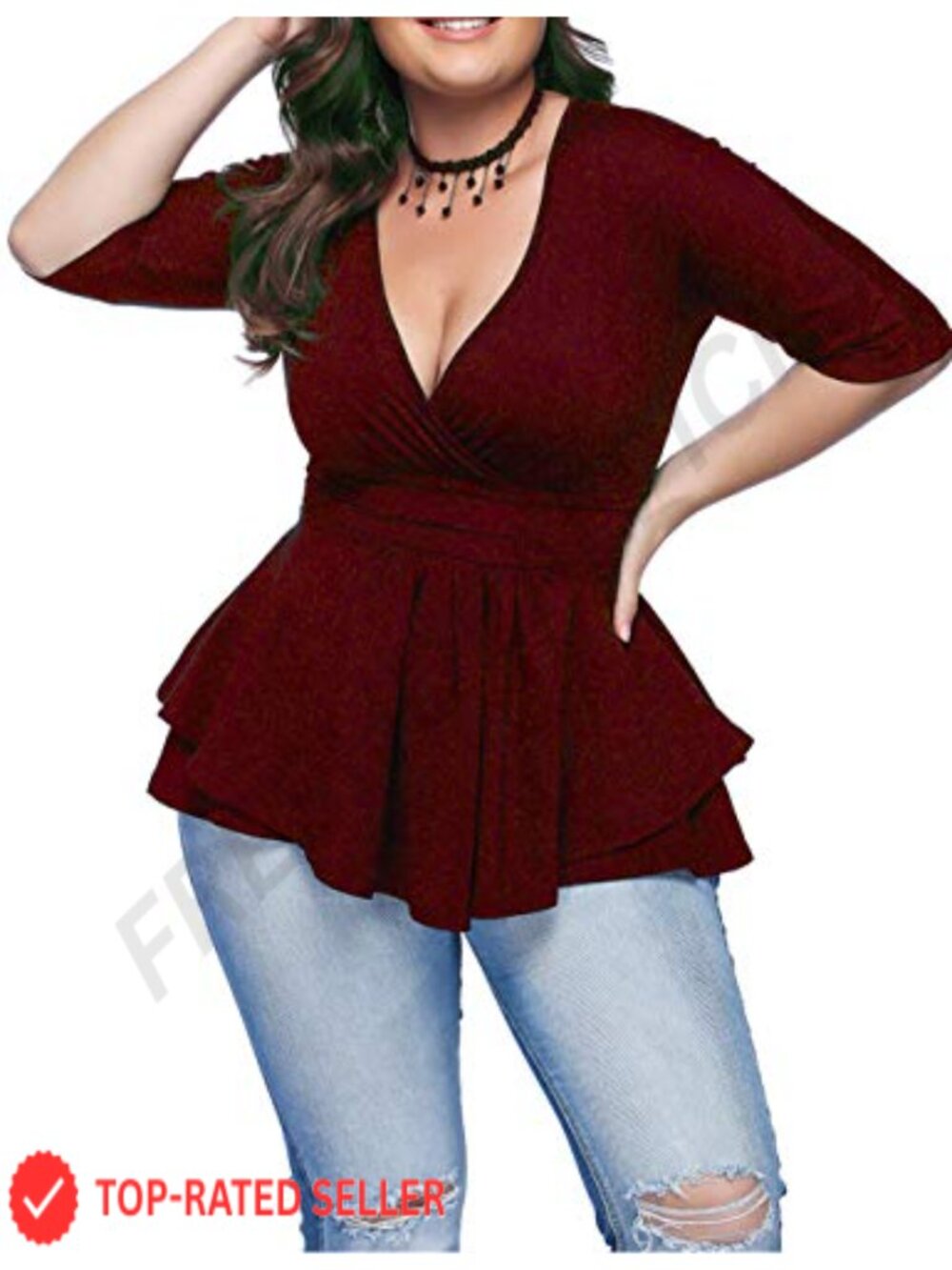 Plus Size Blouse Deep V Neck Pleated Half Sleeve Ruched Top